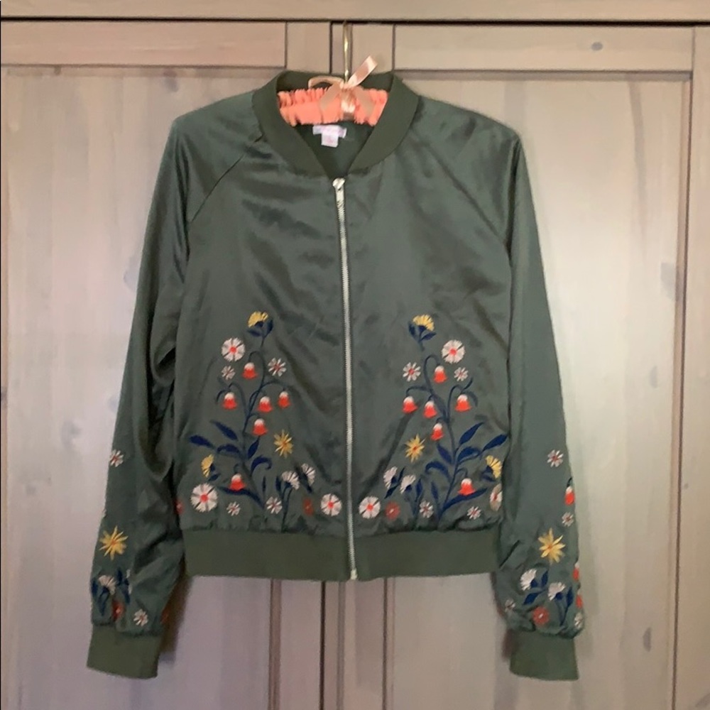Green Floral Bomber Jacket